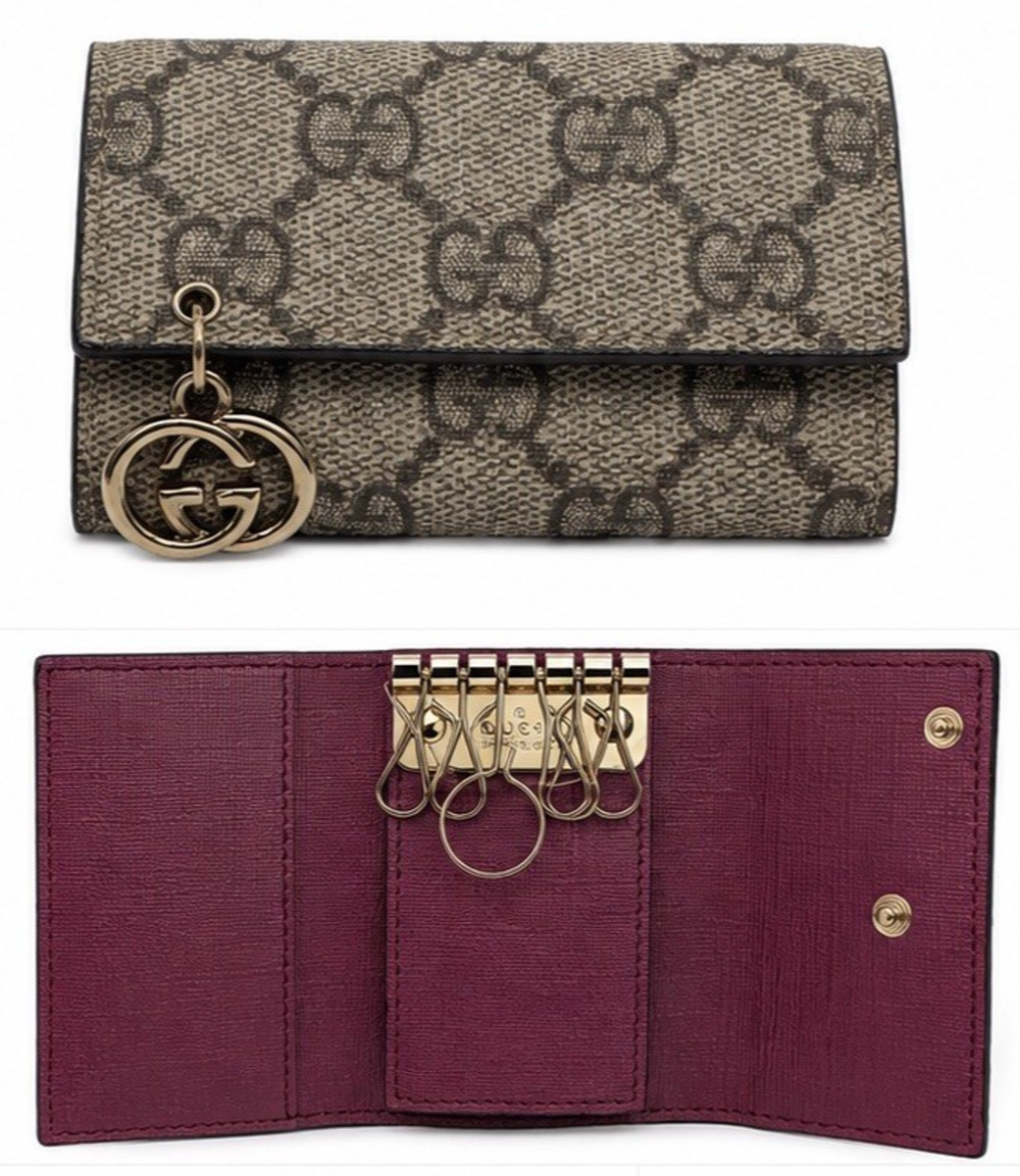 GUCCI GG SUPREME MONOGRAM KEY CASE HOLDER GOLD GG CHARM PINK LEATHER BOX